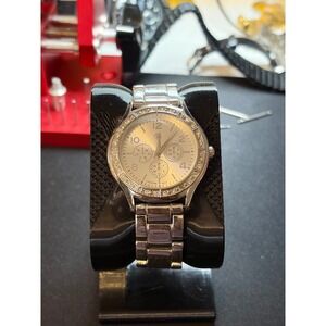 Versona Wrist Watch Womens Silver Tone Rhinestone Bezel Chrono Look